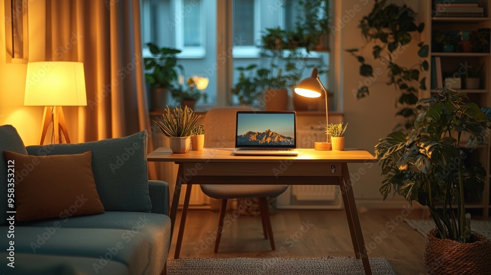 A relaxing work setup in a cozy living room with a laptop on a wooden desk, surrounded by soft lighting and a comfy chair A relaxing work setup in a cozy living room with a laptop on a wooden desk, surrounded by soft lighting and a comfy chair