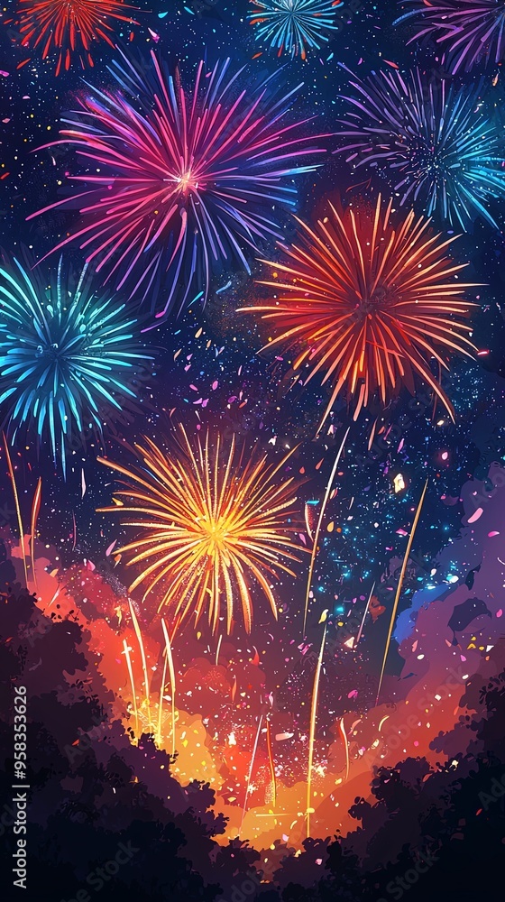 An array of vivid fireworks illuminating the night sky, with bursts of red, blue, and gold creating a mesmerizing display of light and color, evoking a sense of joy and festivity. An array of vivid fireworks illuminating the night sky, with bursts of red, blue, and gold creating a mesmerizing display of light and color, evoking a sense of joy and festivity.