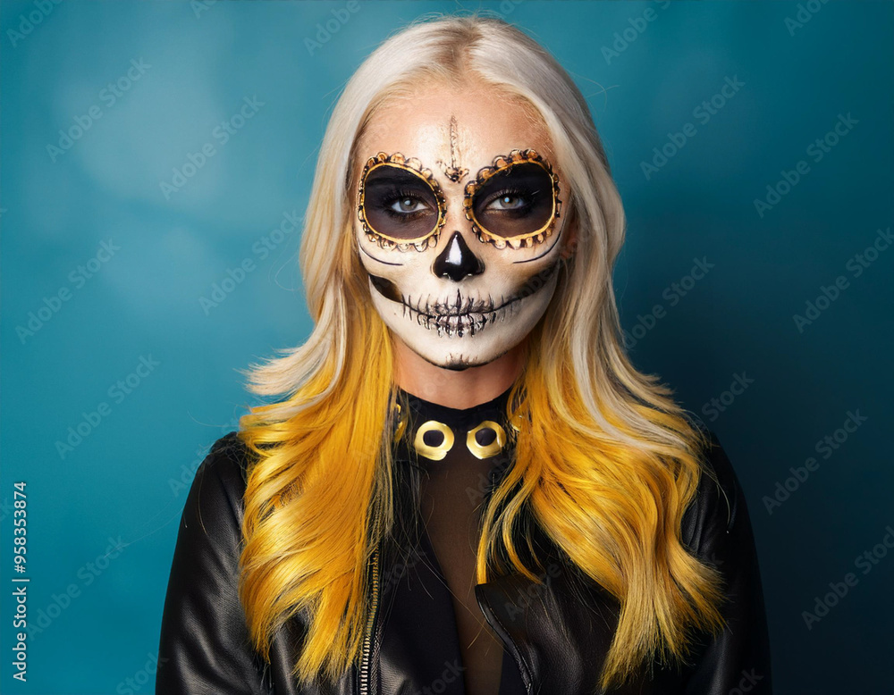 Portrait of Woman Wearing Skull and Bone Mask for Halloween or D?a de los Muertos Celebration Portrait of Woman Wearing Skull and Bone Mask for Halloween or D?a de los Muertos Celebration