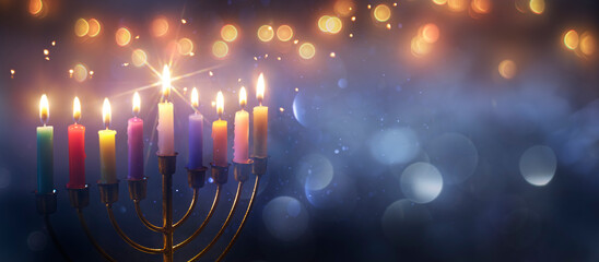 Hanukkah Menorah - Burning Candles With Glittering In Abstract Defocused Background