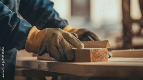 Close up of a carpenter wearing protective gloves carefully handling wood on a table at a construction site. Highlight the precision in woodworking and construction work. photo