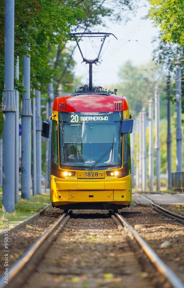Naklejka premium The image features a modern yellow and red tram on a bustling streetof Warsaw. The tram is sharply in focus against a blurred background, emphasizing its vibrant colors and creating a dynamic sense of