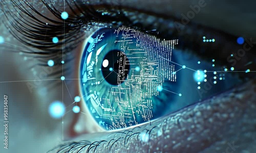 A close-up of a human eye, intricately detailed with technological elements. These elements include digital circuits, holographic interfaces, and illuminated symbols