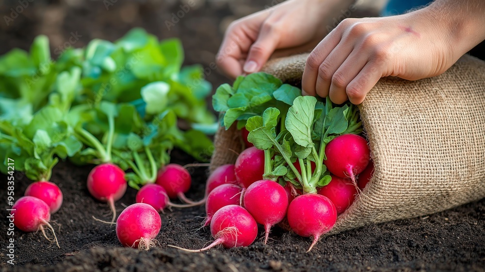 Close-up of hands placing freshly harvested radishes into a burlap sack, with more radishes visible in an earthy garden setting Close-up of hands placing freshly harvested radishes into a burlap sack, with more radishes visible in an earthy garden setting