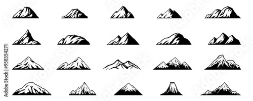 Mountain icon. Mountains set. Set of rocky mountains silhouette. Vector