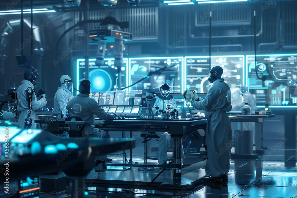 Detailed 3D render of a futuristic lab with scientists working on advanced technology, holographic displays, and robotic assistants, created by ai Detailed 3D render of a futuristic lab with scientists working on advanced technology, holographic displays, and robotic assistants, created by ai