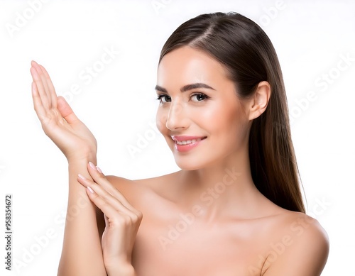 A Beautiful woman pointing to show product in studio on white background