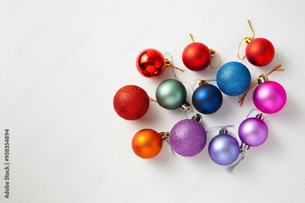 Colourful red Christmas balls on a white background. Red, yellow, green, blue, dark blue, orange, grey, purple, purple, pink Colourful red Christmas balls on a white background. Red, yellow, green, blue, dark blue, orange, grey, purple, purple, pink