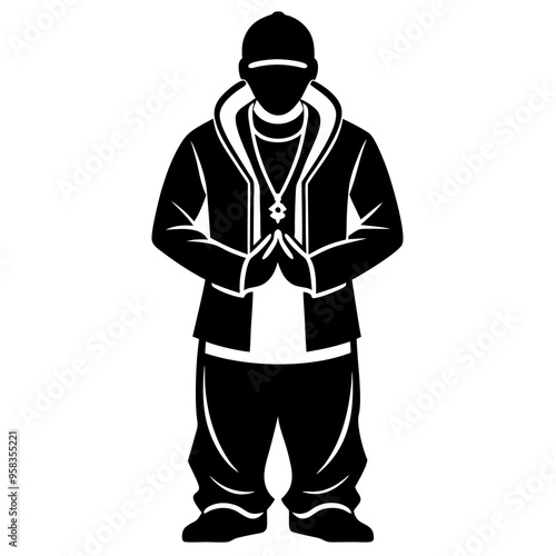 A man dressed as an icon rapper stands upright 