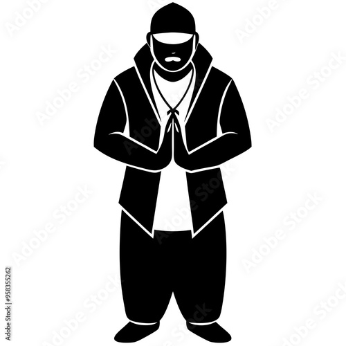 A man dressed as an icon rapper stands upright 