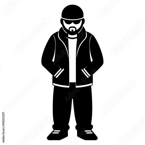 A man dressed as an icon rapper stands upright 