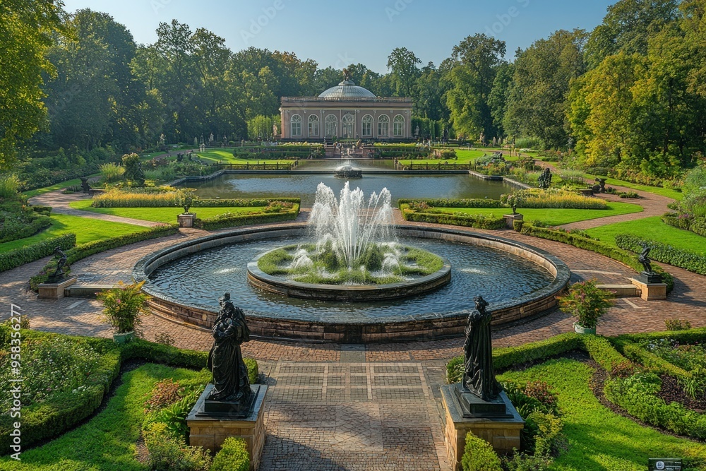 A circular fountain with water jets spraying high into the air is in the center of a formal garden with manicured lawns, statues, a pond and a building in the background. A circular fountain with water jets spraying high into the air is in the center of a formal garden with manicured lawns, statues, a pond and a building in the background.