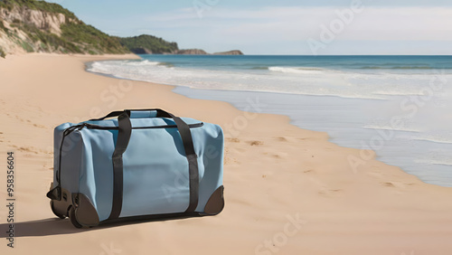 Blue suitcase on the beach