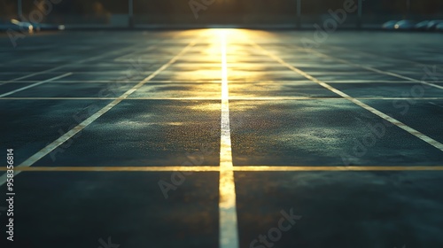 A serene view of a parking lot at dusk, illuminated by the soft glow of sunset reflecting on wet asphalt. photo