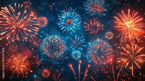 A mesmerizing display of colorful fireworks explodes across the night sky, casting vibrant lights and creating an awe-inspiring spectacle that gloriously celebrates a festive occasion. photo