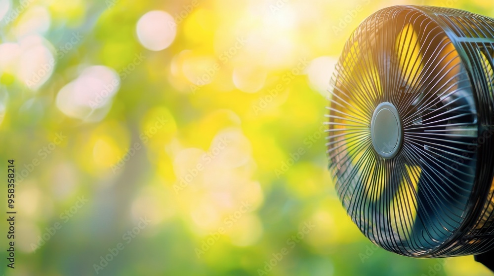 A fan's blades creating a blurred circle as they spin rapidly, cooling down a summer day. A fan's blades creating a blurred circle as they spin rapidly, cooling down a summer day.