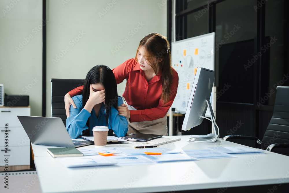 Stress businesswoman is sitting at table, under stress from working. Stress businesswoman is sitting at table, under stress from working.
