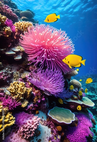 stunning underwater coral reef scene vibrant marine colorful crystal clear waters captured rich detail, aquatic, biodiversity, colors, depth, diving