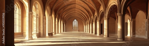 3D rendering of an interior space resembling a historic university reflecting medieval architectural design