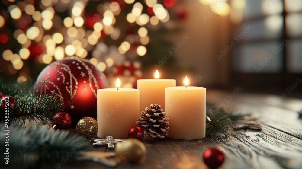 3D rendering of festive Christmas decorations featuring candles in a cozy setting