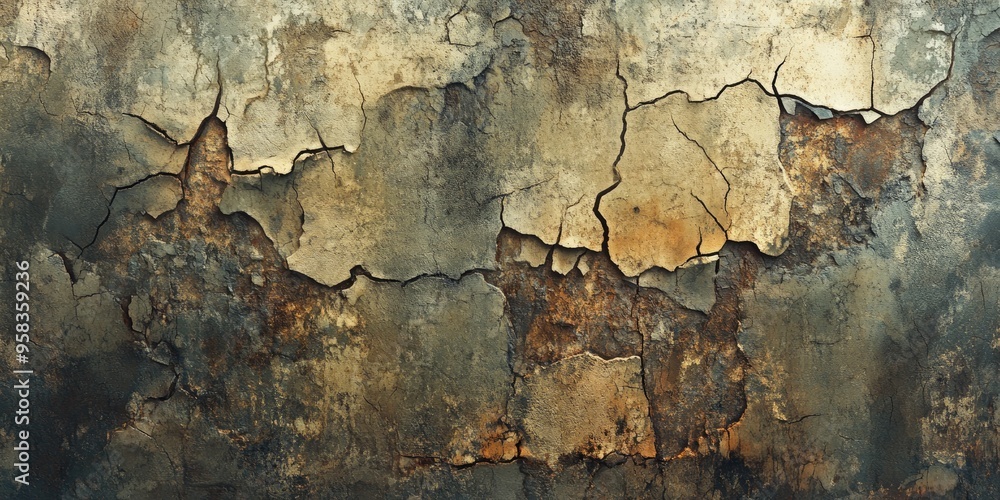 Obraz premium 3D rendering of an abstract backdrop featuring a weathered wall with cracks spots and stains showcasing a damaged antique surface