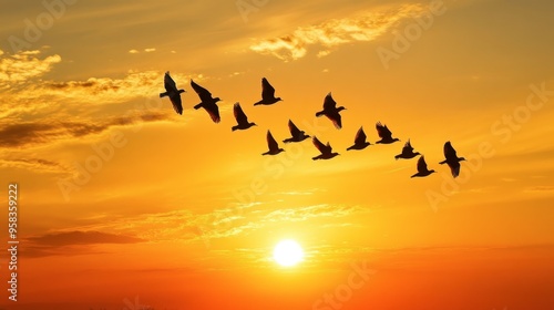 Wallpaper Mural A flock of birds flying in a V-formation, silhouetted against a golden sunset. Torontodigital.ca