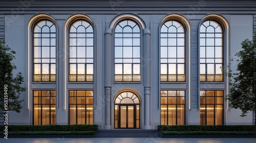 3D rendering of a building facade featuring windows