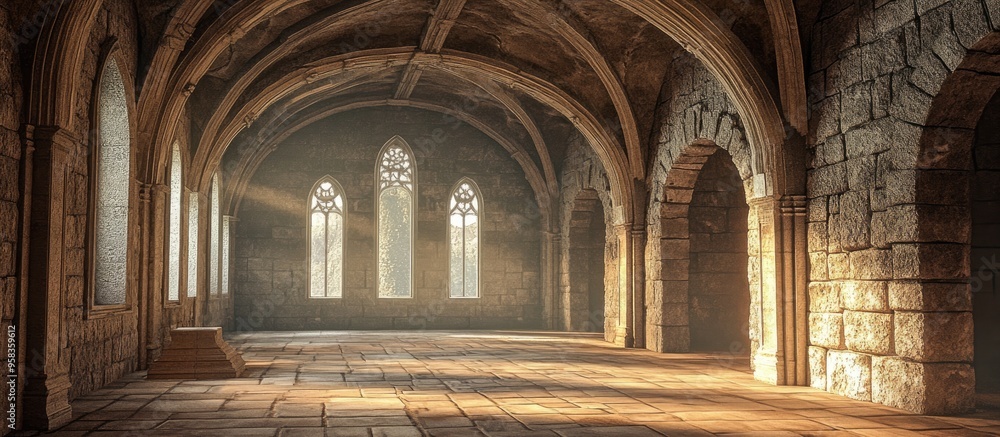 Fototapeta premium 3D rendering of an ancient Romanesque castle interior