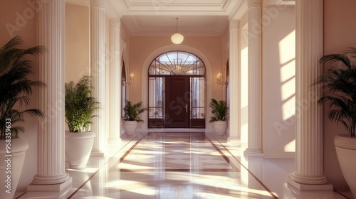 Elegant entrance decor of an old historic residential building in a 3D rendering