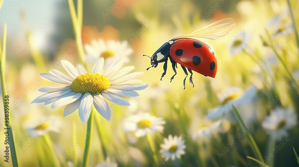 A ladybug wings unfolding as it prepares to fly from a daisy in a spring meadow. A ladybug wings unfolding as it prepares to fly from a daisy in a spring meadow.