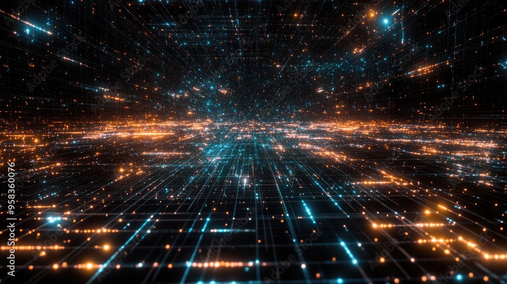3D illustration of an abstract landscape featuring a cyberspace grid on a dark background showcasing a starry outer space texture and a hi tech network 3D illustration of an abstract landscape featuring a cyberspace grid on a dark background showcasing a starry outer space texture and a hi tech network