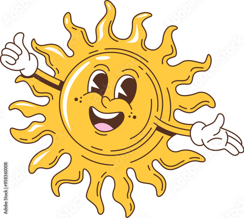 Retro groovy sun character. Isolated cartoon vector sunny personage with a big, joyful smile, vibrant rays beaming, arms outstretched, exude summer warmth and happiness with positive facial expression