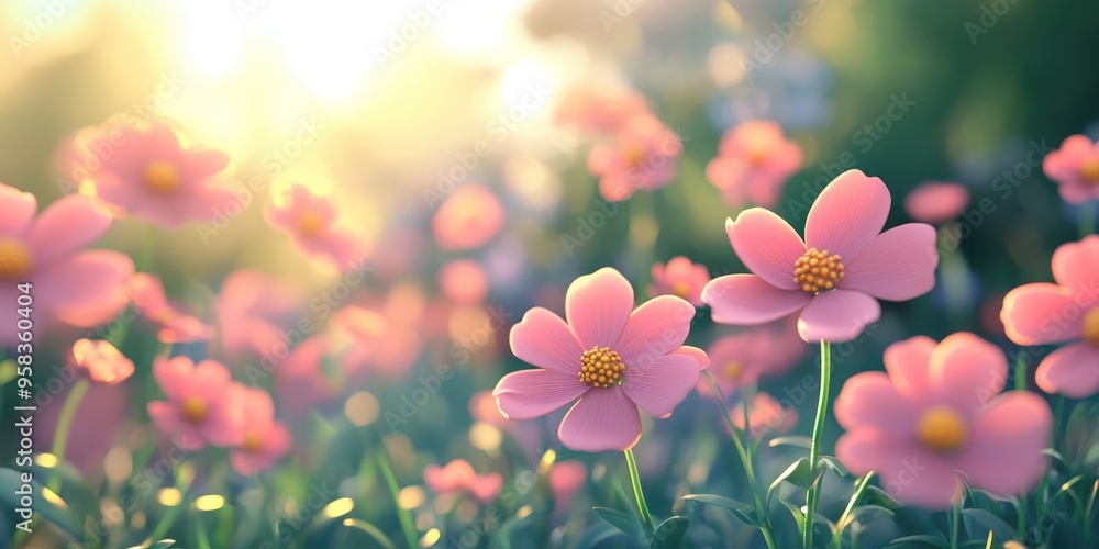 Beautiful flowers in a garden with soft and selective focus rendered in 3D cartoon style under daylight Beautiful flowers in a garden with soft and selective focus rendered in 3D cartoon style under daylight