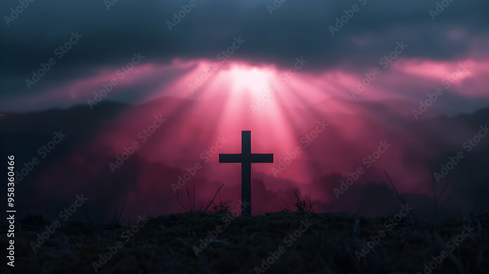 Fototapeta premium Crucifix The Top Mountain With Sunlight
