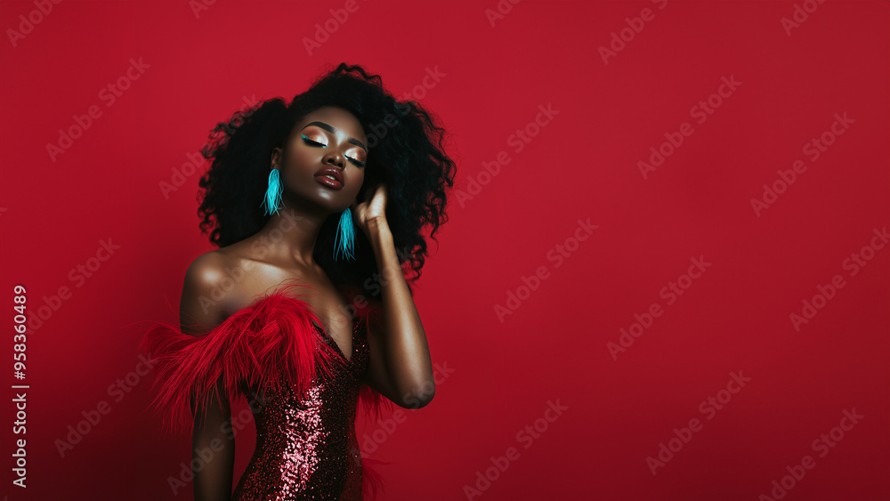 Naklejka premium Elegante afroamerikanische Frau in glitzerndem Abendkleid. Selbstbewusster Blick, perfektes Make-up. Luxuriöser Hintergrund. Studiobeleuchtung betont Glamour
