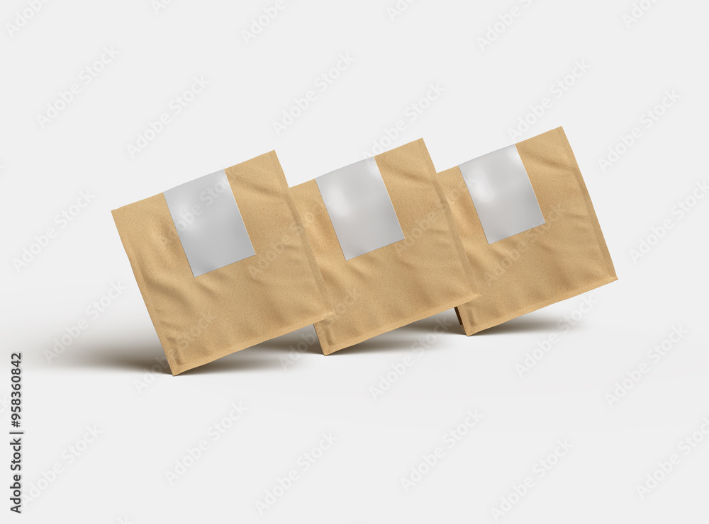 Rendered mockup for a square paper bag with folded top and label on a light background Rendered mockup for a square paper bag with folded top and label on a light background
