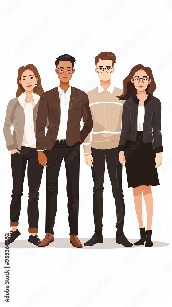 Obraz premium group of office colleagues posing for group photo 2d character design free hand flat colors design UI ux graphics style casual and formal clothing employee working employees teamwork team illustration