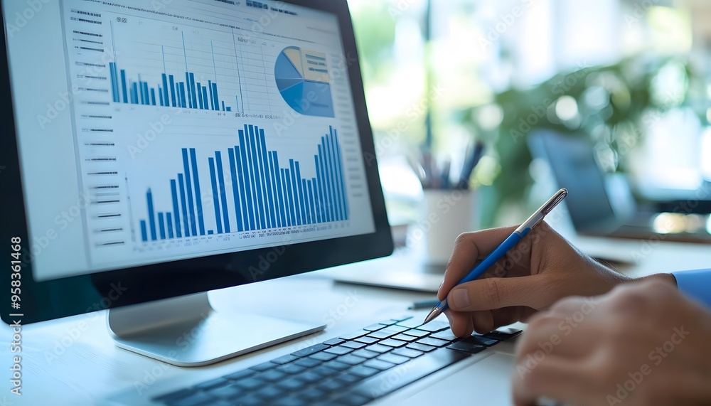 A Hand Pointing at a Computer Screen with Data Visualization A Hand Pointing at a Computer Screen with Data Visualization