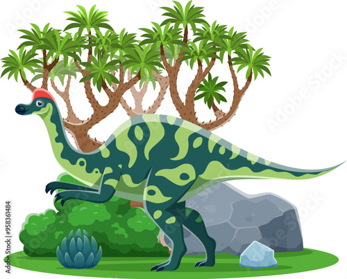 Cartoon dinosaur lizard Hypacrosaurus for prehistoric dino collection, vector character. Funny prehistoric dinosaur Hypacrosaurus on two legs with duckbill in jungle forest, Jurassic or Cretaceous era