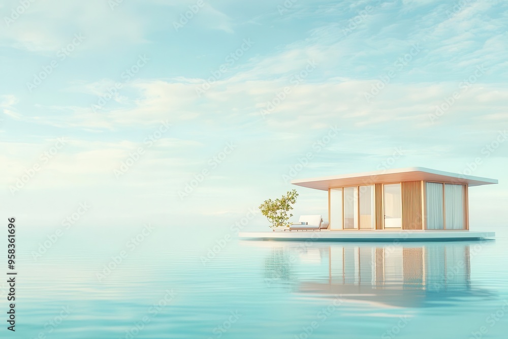 Floating house on stilts in floodprone area, adaptation architecture in a vibrant, highcontrast shot with the house reflecting in calm water and a resilient, modern design Floating house on stilts in floodprone area, adaptation architecture in a vibrant, highcontrast shot with the house reflecting in calm water and a resilient, modern design