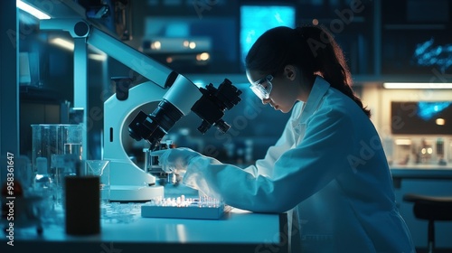 Scientist in Lab with Microscope