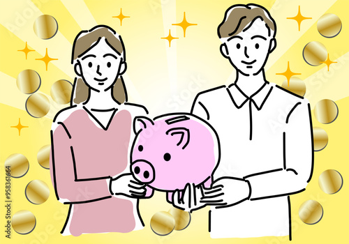 貯金する夫婦とブタの貯金箱とコインの黄色い背景