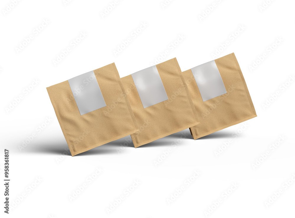 Rendered mockup for a square paper bag with folded top and label on a transparent background Rendered mockup for a square paper bag with folded top and label on a transparent background