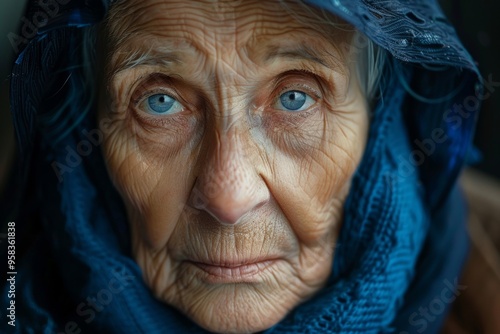 Senior refugee woman wearing a headscarf looking with sadness