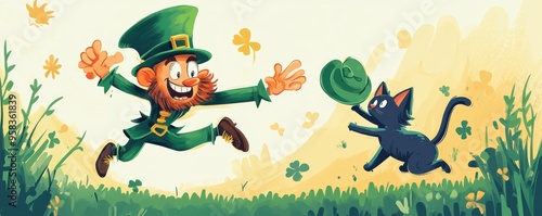 Comic-style illustration of joyful leprechaun playing with a playful cat in a whimsical meadow setting with four-leaf clovers and vibrant colors