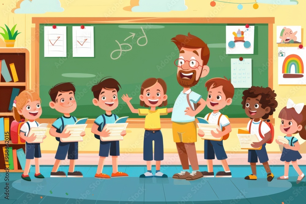 Introduces: Young Happy Teacher Welcoming New Student to Classroom with Children Introduces: Young Happy Teacher Welcoming New Student to Classroom with Children