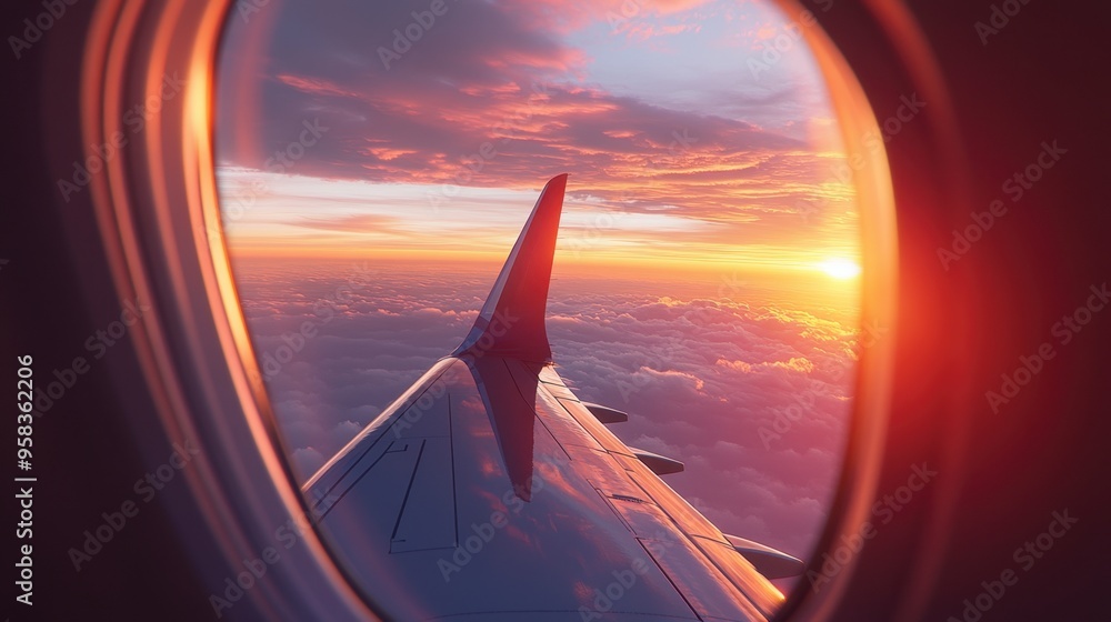 A plane wing viewed from inside the cabin, with a beautiful sunset visible through the window. A plane wing viewed from inside the cabin, with a beautiful sunset visible through the window.