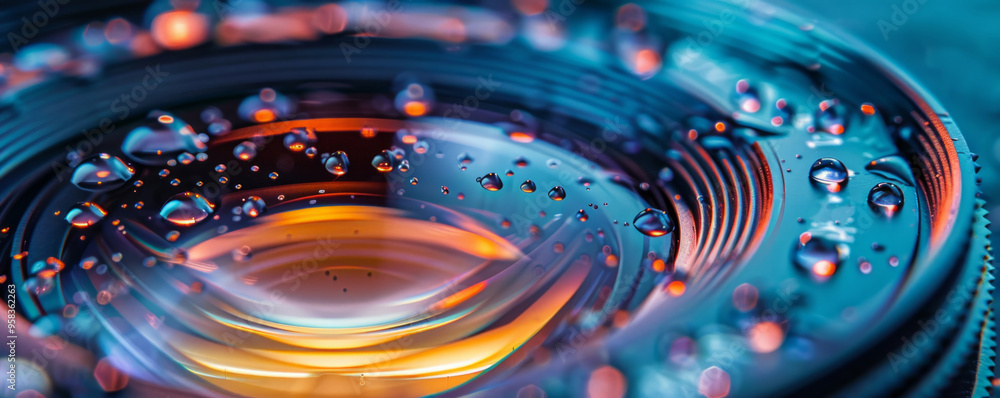 Fototapeta premium Camera lens reflecting colorful lights with water droplets
