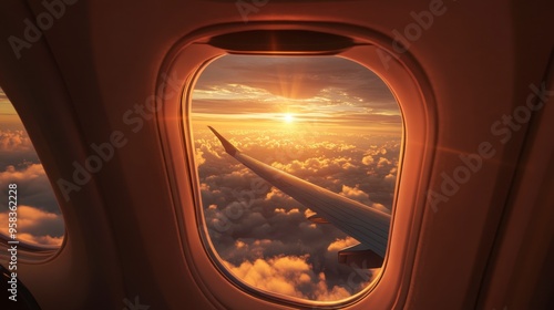 A plane wing viewed from inside the cabin, with a beautiful sunset visible through the window.