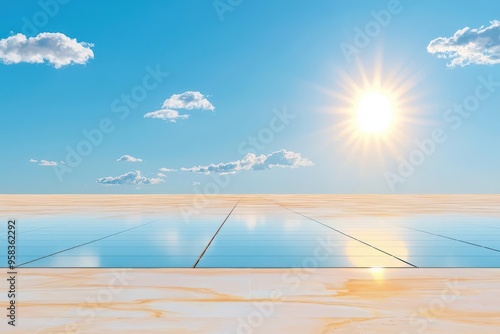 Massive solar power plant, mirrors reflecting sunlight captured in a bright, wideangle shot with vibrant reflections and clear skies